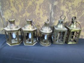 5 brass lanterns, hexagonal, circular and square all adapted for electricity