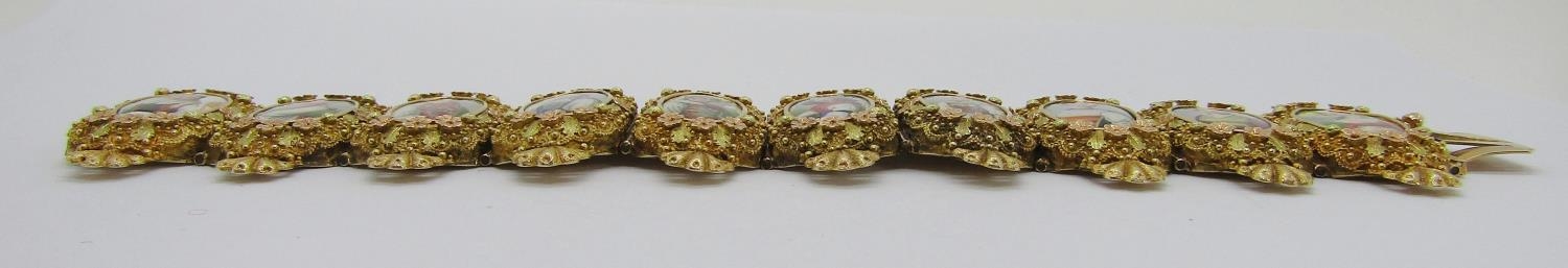 A fine 19th century Swiss gold and enamel portrait bracelet, formed of ten individual waist length - Image 3 of 14