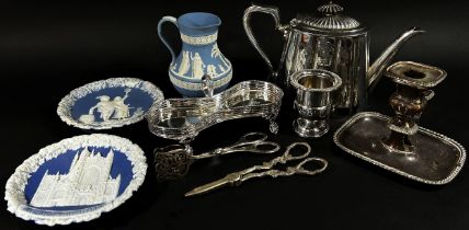 A miscellaneous collection of silver plated table ware including a raised fruit bowl, dishes, bowls,