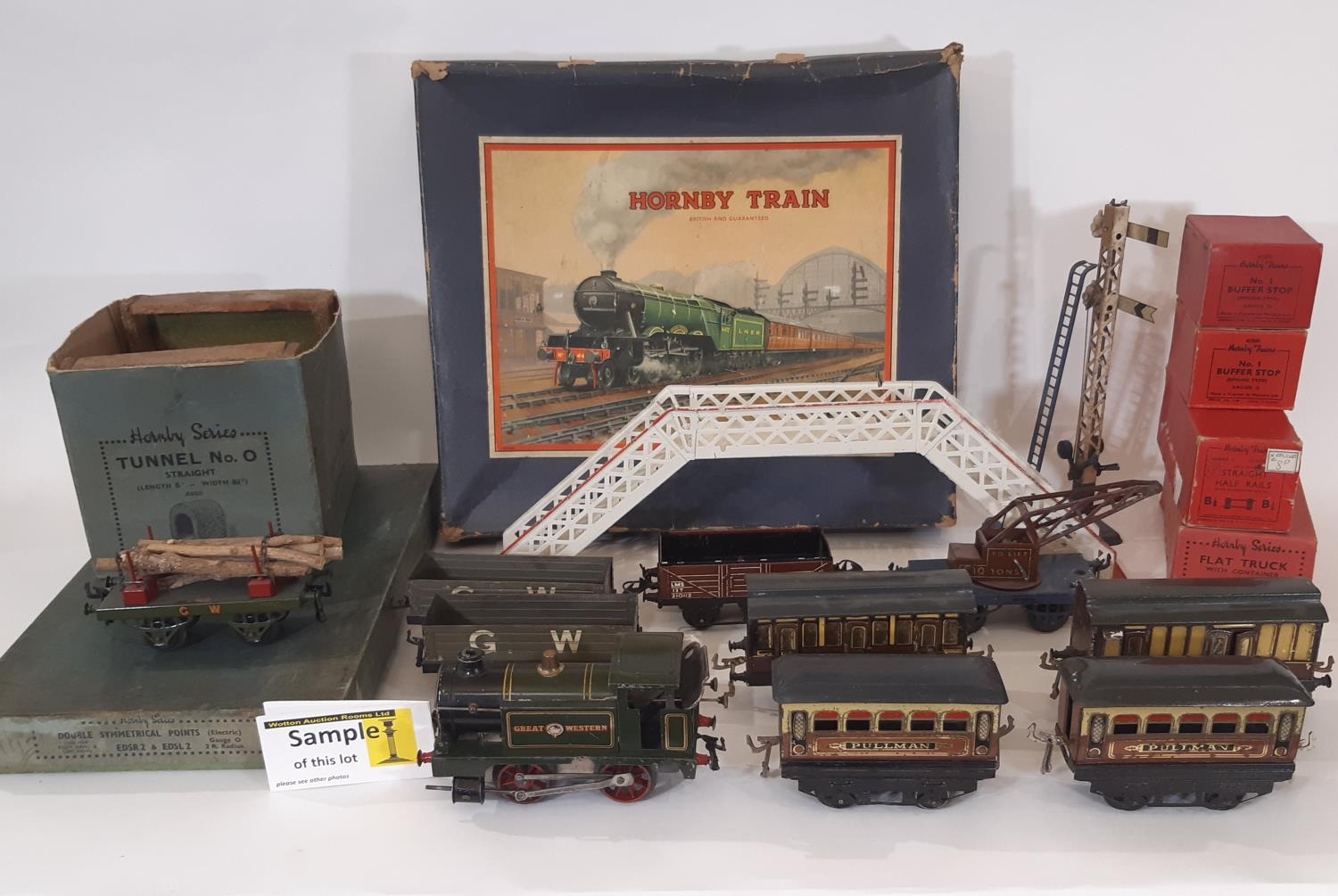 A collection of pre war Hornby 0 gauge railway models including the following: clockwork