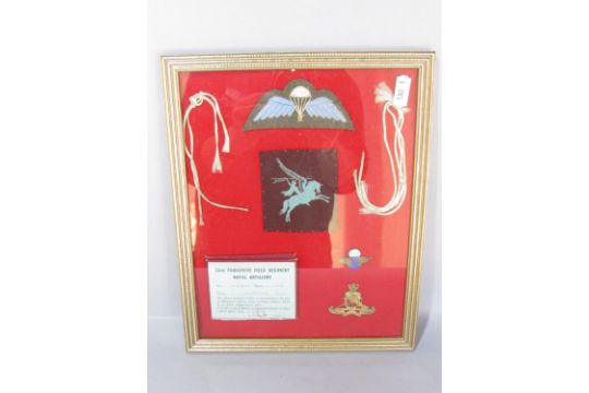 A framed collection of 33rd Parachute Field Regiment Artillery cloth badges a gilded metal cap badge - Image 2 of 5