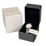 Emporio Armani 32mm ladies watch with a white and pavé dial, two-hand quartz movement and a two tone