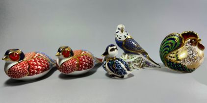 Five Royal Crown Derby figures to include Cockerill, Budgie, and Duck all with gold stoppers and two