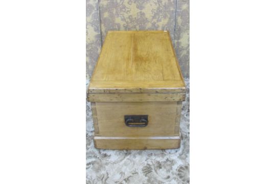 A 19th century stripped and waxed pine chest with hinged lid, exposed dovetail construction and - Image 4 of 5