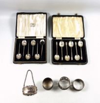 Set of 6 George VI silver bean top coffee spoons with coloured enamel shell backs, by Henry Clifford