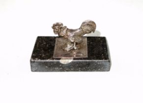 Novelty silver cockerel paperweight, on a rectangular stone base, import marks for A B D, London,