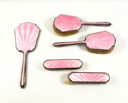 George VI silver and pink guilloché enamel mounted dressing table set comprising hand mirror, 2 hair