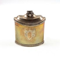 Edwardian George III style silver tea caddy of navette form, with a central vacant cartouche between