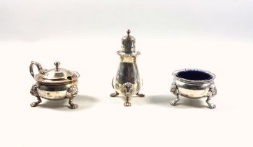 George VI silver 3 piece condiment set, comprising salt cellar and mustard pot, both with blue glass