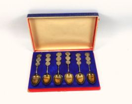 Cased set of 6 Chinese silver, 850 standard, coffee spoons, each with triple lucky character finial,