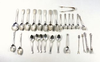 6 silver Fiddle Pattern teaspoons, George IV-Victoria; Set of 6 Albany Pattern demitasse spoons with