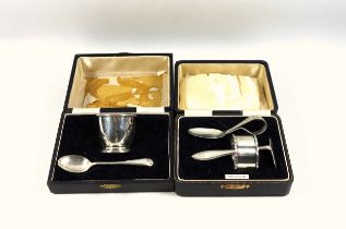 George VI silver 3 piece christening set comprising napkin ring, spoon, and food pusher, by A P &