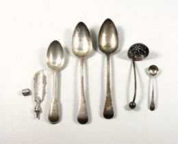 Pair of George III silver Old English Pattern table spoons, by R C, London, 1805; salt spoon,