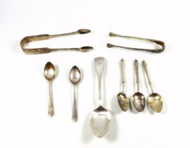 George III silver Fiddle Pattern sugar tongs, by G T, London, 1816; Irish dessert spoon, by S N,