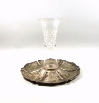 Victorian silver presentation table centrepiece, the removable cut glass vase on a hexafoil base