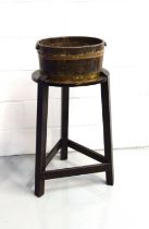 Georgian oval coopered oak wine cooler with 2 brass bands, on a later tripod stand joined by