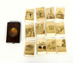 Late 19th Century French walnut table top viewer containing a set of 12 photographic cards of