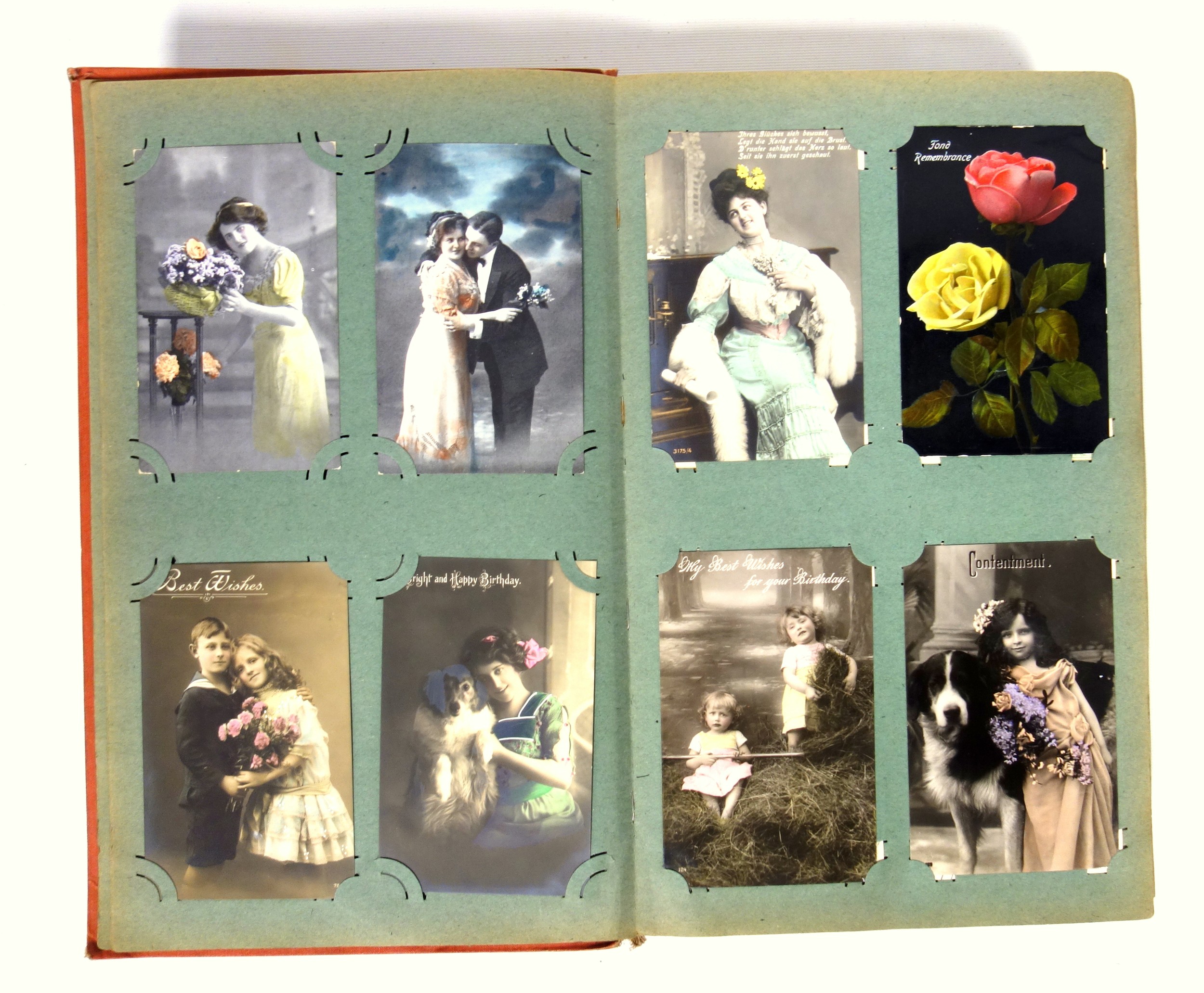 Art Nouveau postcard album containing Edwardian and George V cards depicting children, animals, - Image 2 of 12