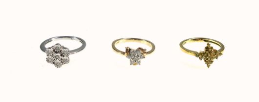 9ct gold floral cluster ring set seven diamonds, 9ct ring set 19 yellow diamonds and a 9ct