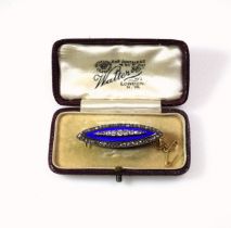 Late Victorian gold and blue enamel elliptical memorial brooch set rose cut diamonds, with a 9ct