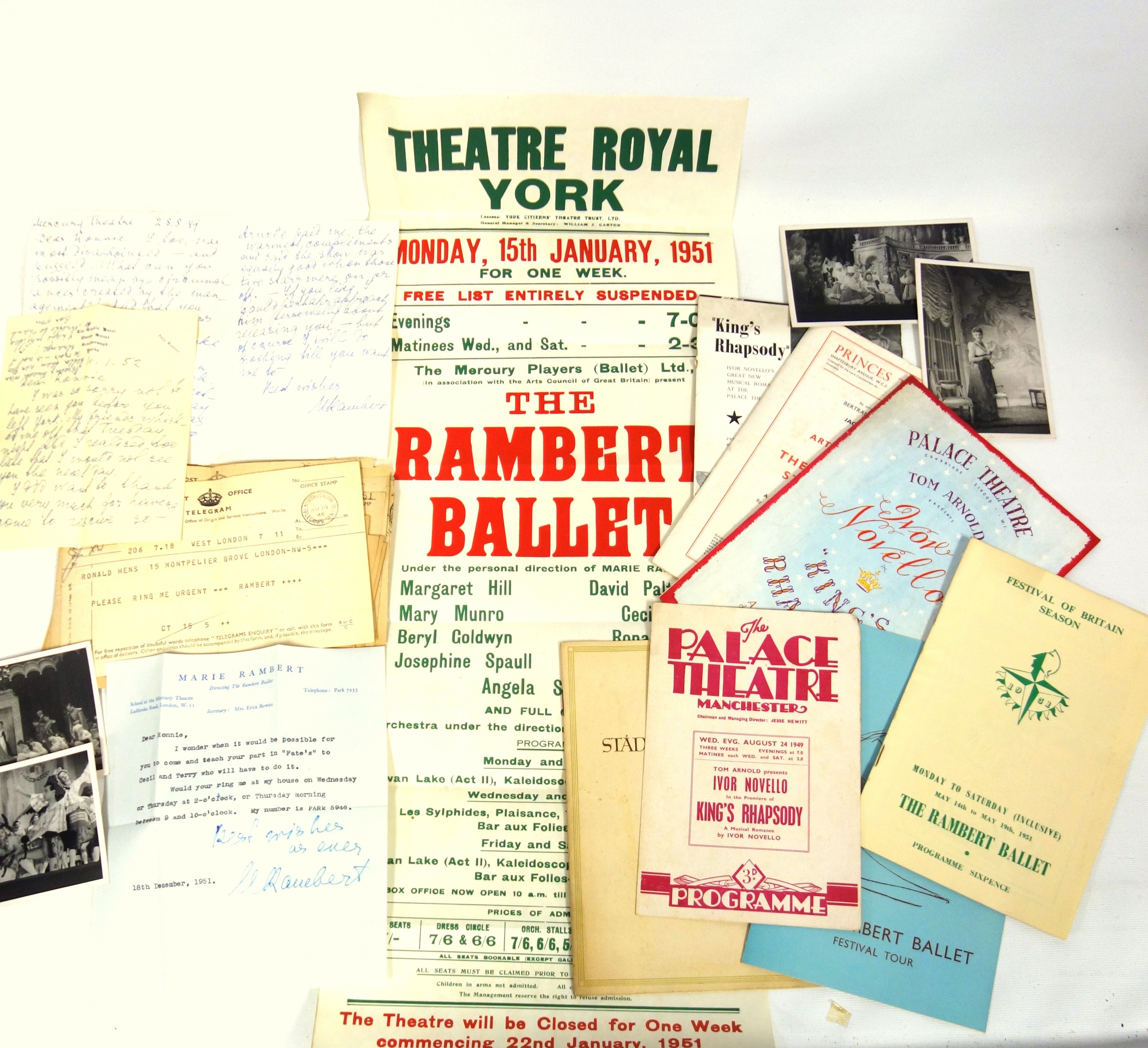 Ballet interest: letters from and signed by Marie Rambert circa 1951, telegrams from Marie Rambert