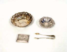 Pair of Polish silver sugar tongs, 2nd 875 standard; shaped hammered circular bowl, 800, (faults);