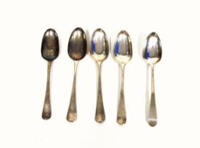 Pair of Early George III Hanoverian Pattern silver picture back table spoons, initialled "M T E",