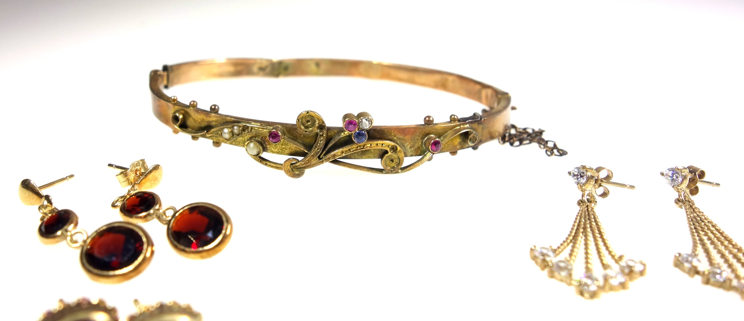 Victorian 9ct gold hinged bracelet, set rubies, sapphire, diamond and seed pearls (broken hinge, and - Image 2 of 3