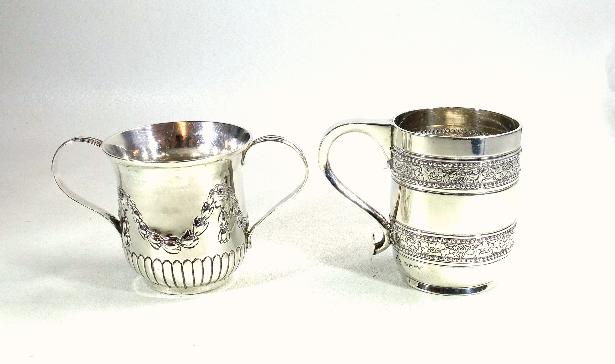 George III silver porringer with reeded twin strap handles, semi reeded body and embossed swag - Image 2 of 7