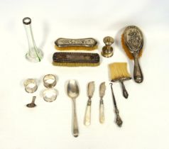 Regency silver caddy spoon by J L, Birmingham, 1816; tablespoon, (a/f); 3 napkin rings, pepper