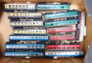 9 Tri-ang coaches in burgundy livery, 11 other coaches, goods wagon and a 4 wheel coach, R.212,