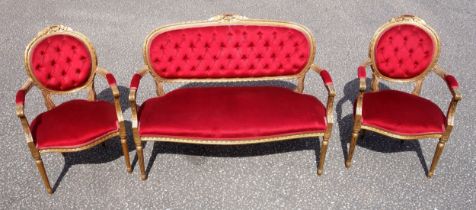 Louis XVI style 3 piece giltwood salon suite with carved leaf and ribbon decoration, comprising a