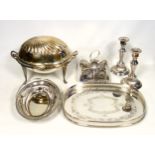 Silver plated revolving oval breakfast dish, W.34cm; pair of candlesticks, sandwich stand, oval