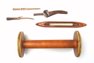 19th century treen goose wing knitting sheaf, L.25cm; Clayton Bradford wooden industrial bobbin or