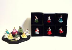 Eight Royal Doulton miniature ladies, H.6.5cm, with a display plinth, and 6 further miniature ladies