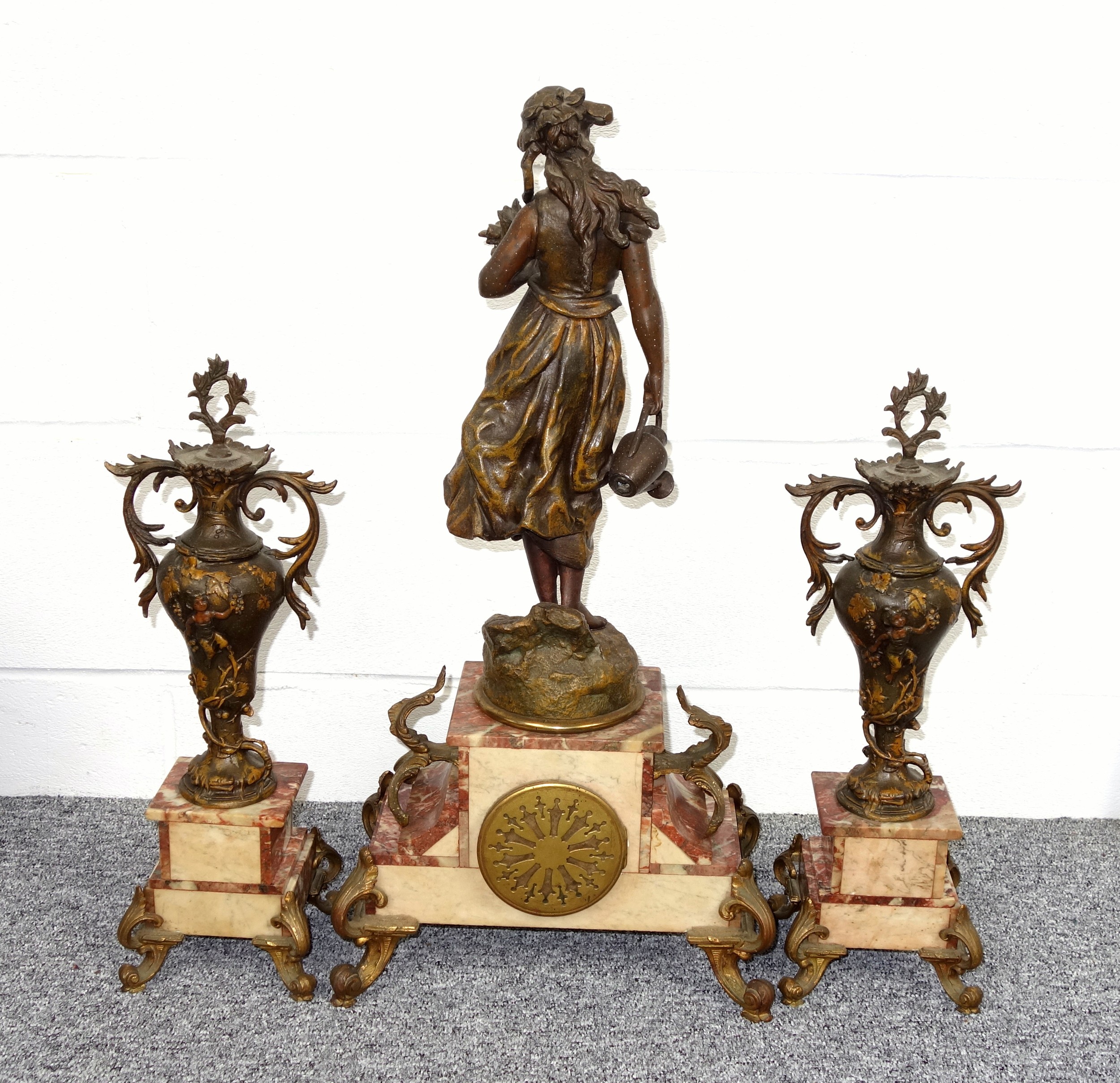 Late 19th Century French 3 piece garniture comprising a gilt spelter and marble mantel clock with - Image 4 of 6