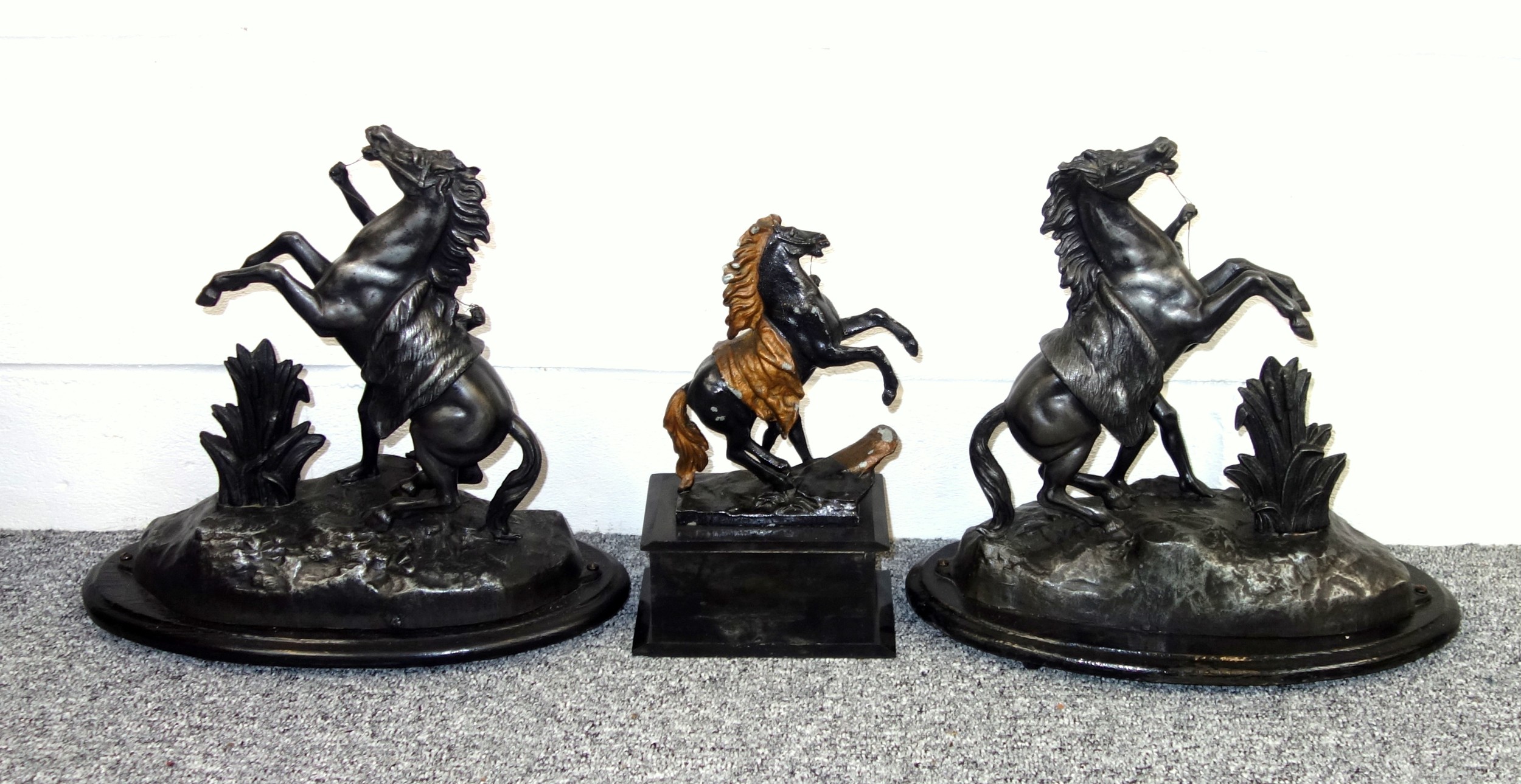 Pair of spelter Marly horse groups, each on an oval wood base, H.35cm, and a smaller group, H. - Image 2 of 2