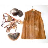 Cromwellian style leather jerkin with neck guard, wood powder flask, wood shot holders, shot, and