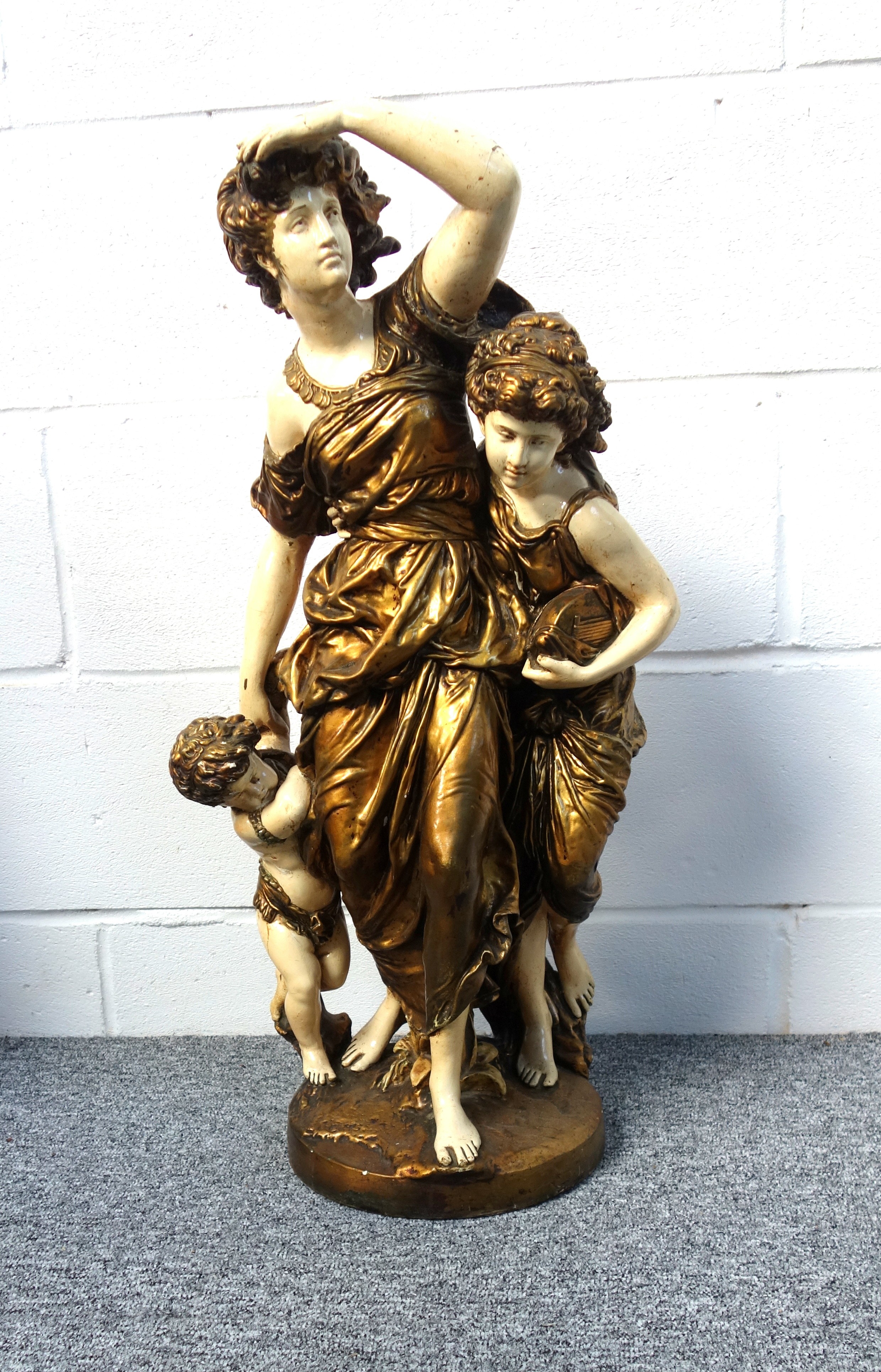 Late 19th Century Austrian plaster group of a woman with two children wearing gold costume, standing - Image 5 of 5