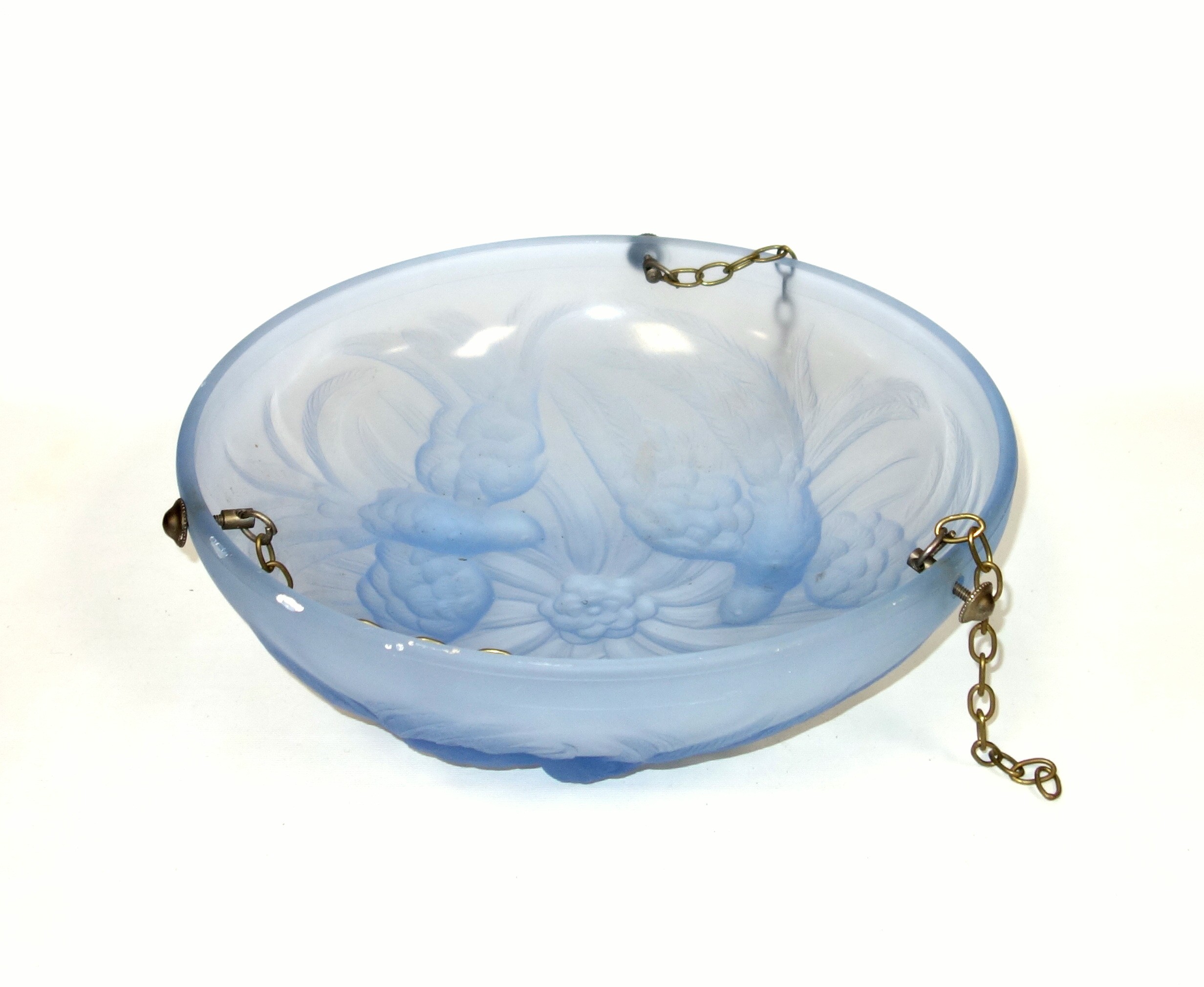 Art Deco blue frosted glass plafonnier with 3 moulded birds surrounding a central flower motif, - Image 6 of 6