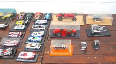 Diecast model of an Alfa Romeo P3, W.19cm, in a wood and perspex case; 2 Ferrari race cars and a