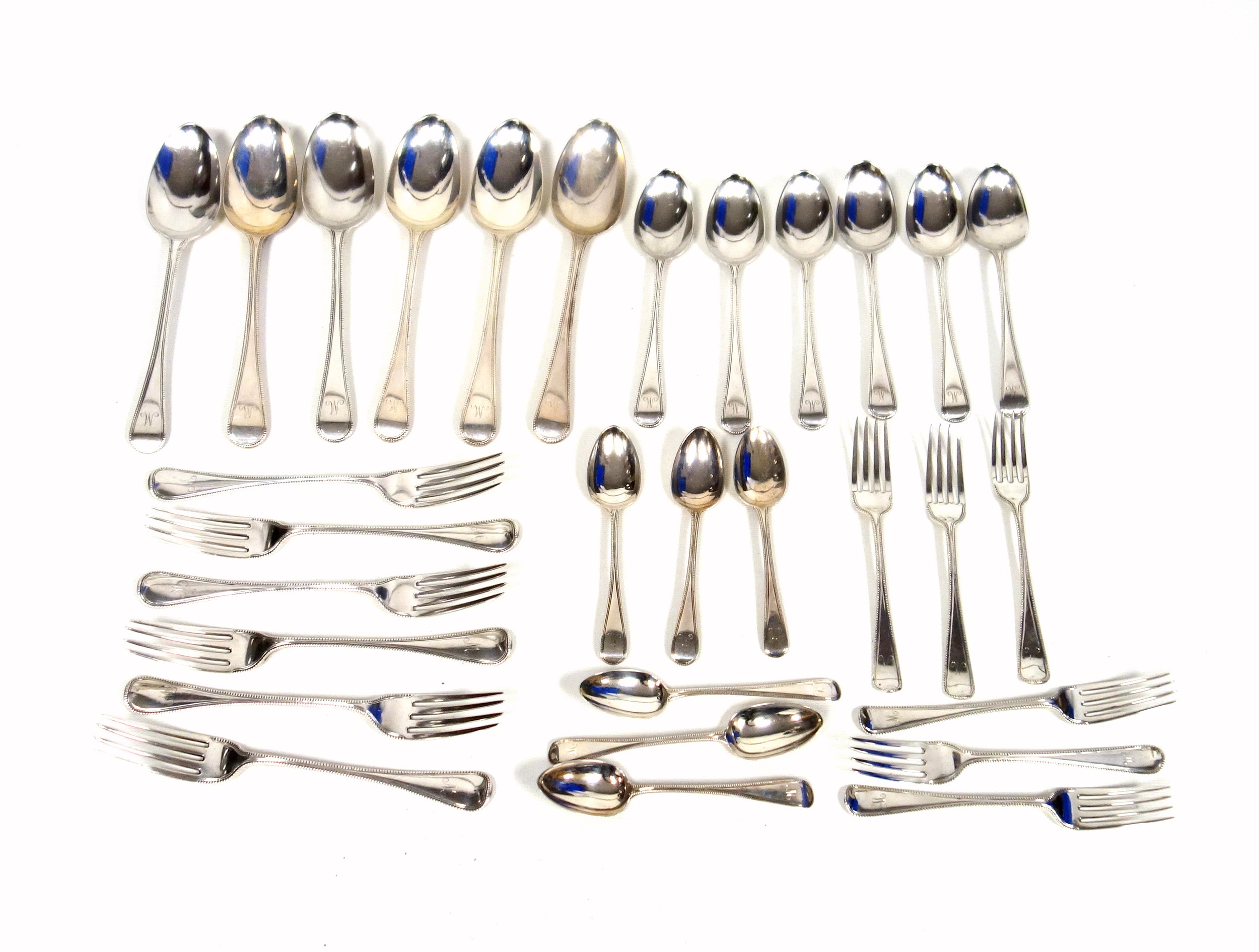 Matched suite of 30 pieces of late Georgian and Victorian silver Old English bead pattern cutlery,