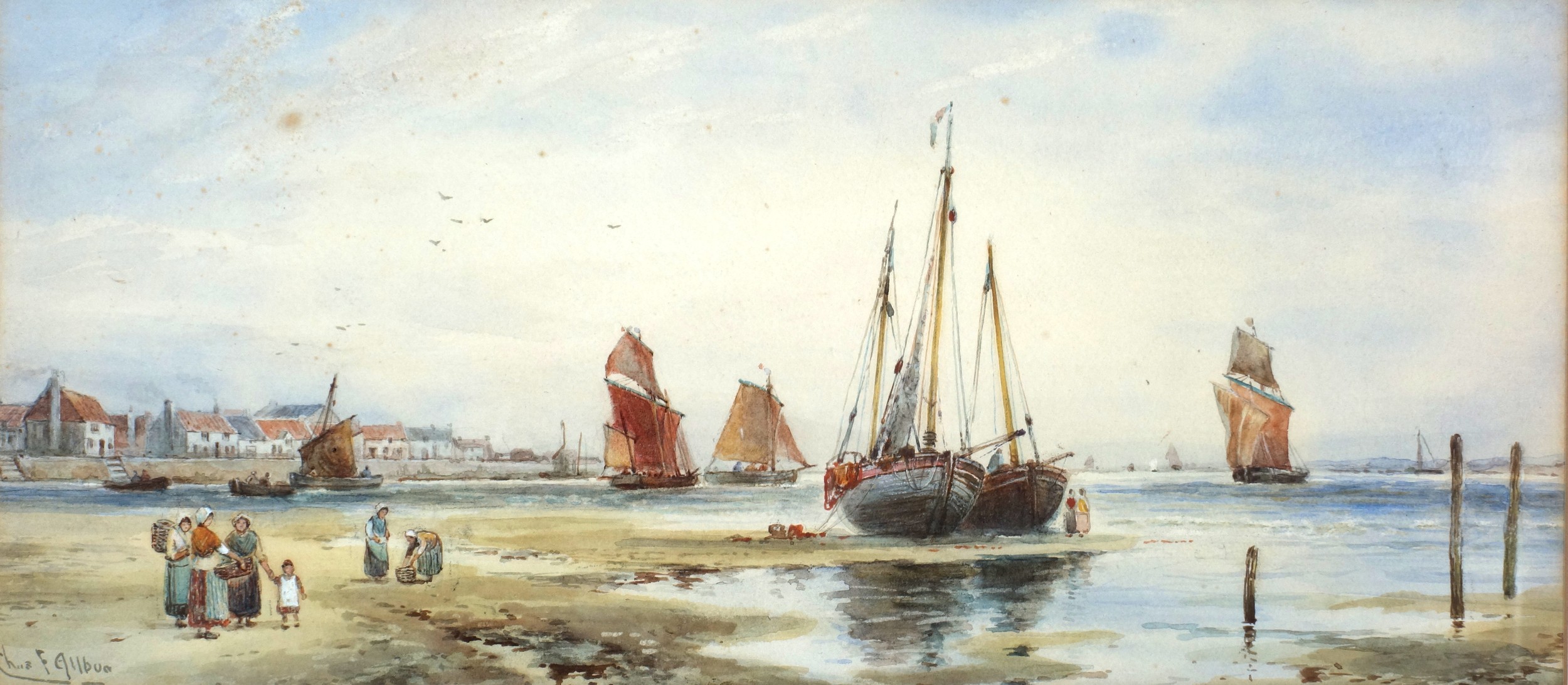 Charles Frederick Allbon (British, 1856-1926), Fishing boats at low tide and ladies with baskets - Image 3 of 6