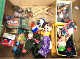 Various play worn toys including Triang Minic military vehicle, Dinky Toys Shado 2, Britains