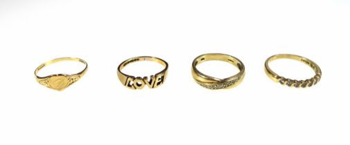 9ct gold "LOVE" ring, another love ring initialled "D", 9ct 3rd eternity ring set brilliants, and
