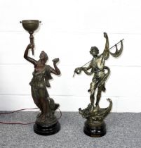 Late 19th Century spelter figure of a semi draped woman holding a torch, an eagle by her feet,