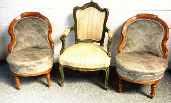 Pair of 19th Century Biedermeier walnut nursing chairs, each with a shaped arched back and rounded