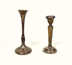 Silver candlestick, by S & M, Birmingham, 1964, H.15.8cm, (loaded); American posy vase, stamped "