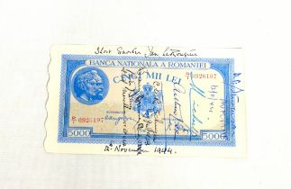 'Short snorter' for 12th November 1944, a Romanian 5000 lei banknote from British diplomat, Sir John