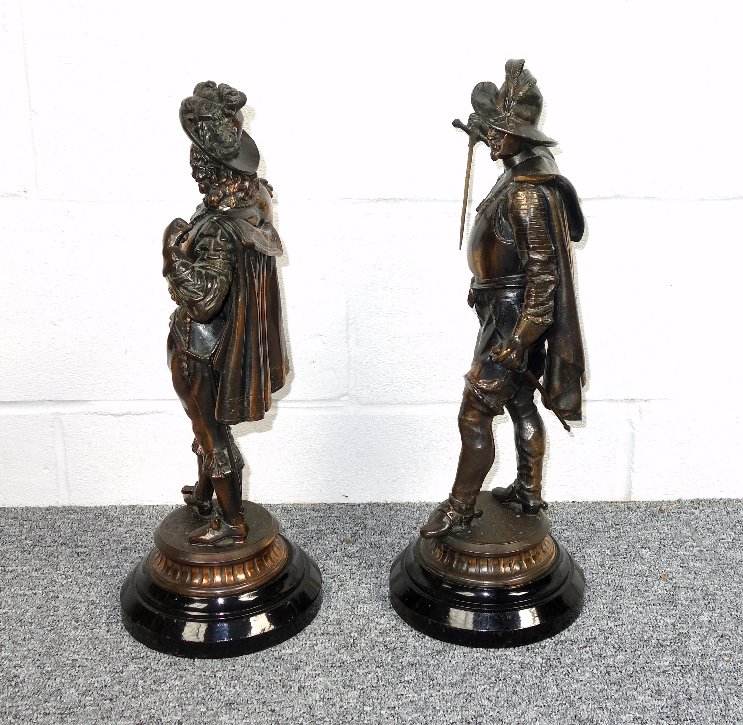 Pair of Late 19th Century French spelter figures of courtiers, each with a sword, standing on a - Image 2 of 4